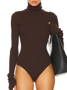 HELSA Edita Dark Brown Ribbed Turtleneck Bodysuit Size XS Revolve
